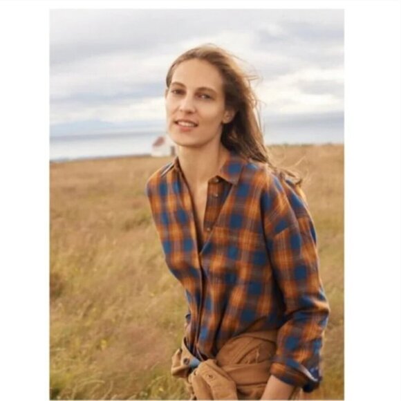 Madewell Tops - Madewell Blue Gold Ardan Plaid Westward Flannel Button Down Shirt Size L EUC